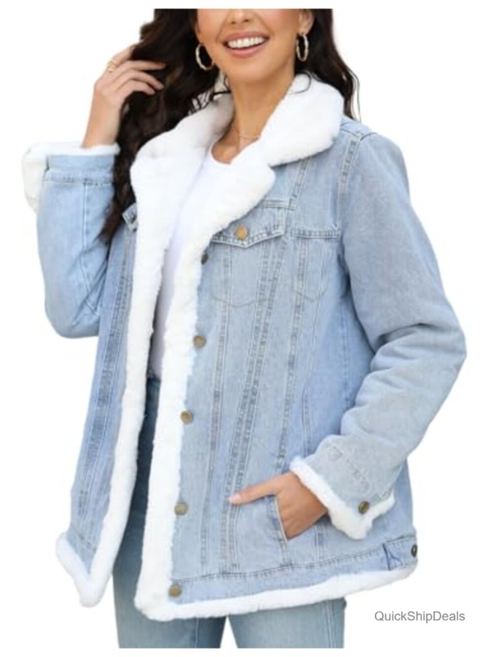 Bellivera Faux Fur Lined Furry Trim Denim Jacket Button Closure